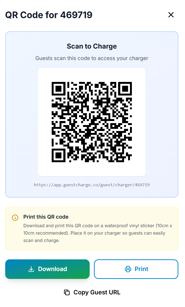 GuestCharge QR Code generation screen