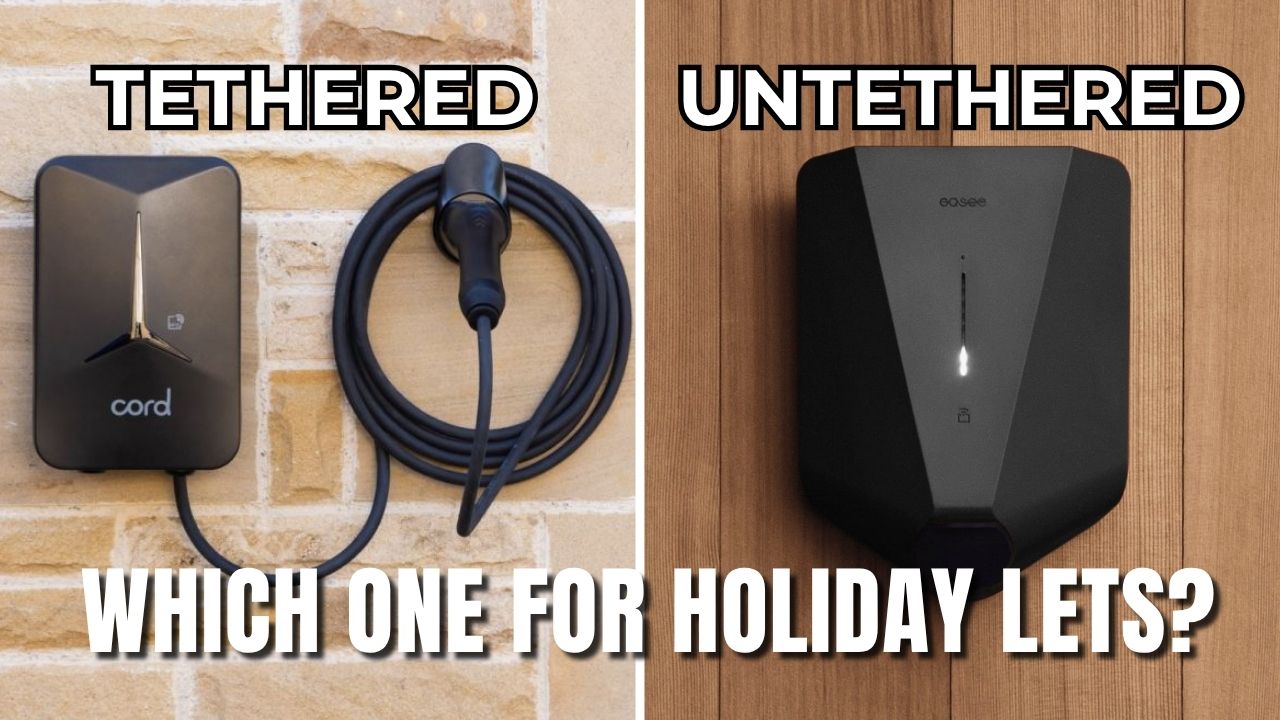A tethered and an untethered EV charger compared on the wall of a UK holiday let